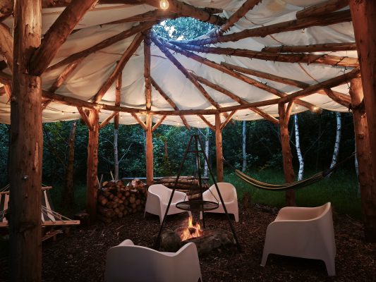 The fire pit at Birch Cottage, an off-grid cottage in County Down